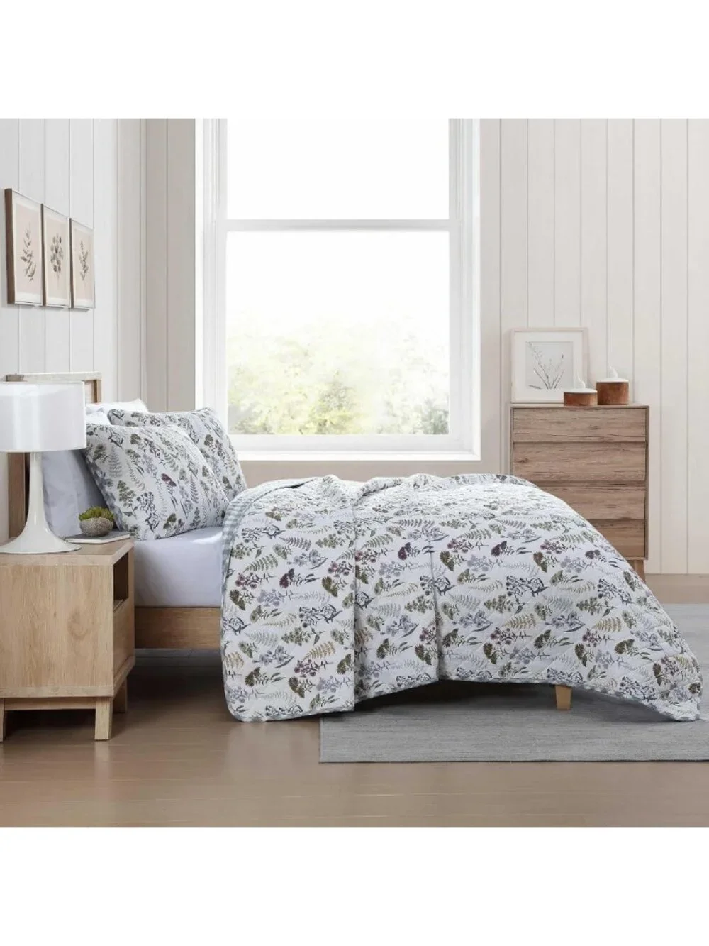 Reversible King Quilt Set - Cotton Bedding, Floral & Plaid Shams, Home Decor